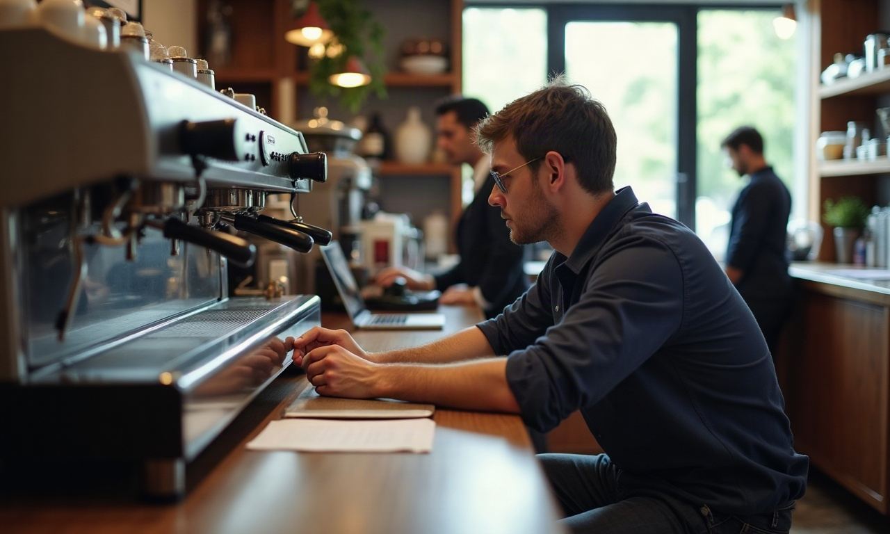 Technician testing espresso machine water pressure with a gauge, barista in background