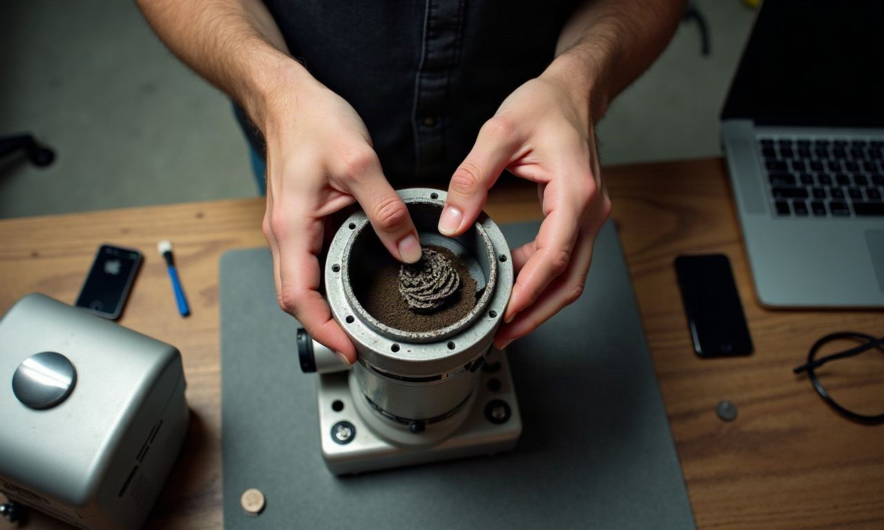 Hands installing flat burrs into disassembled commercial grinder on work mat