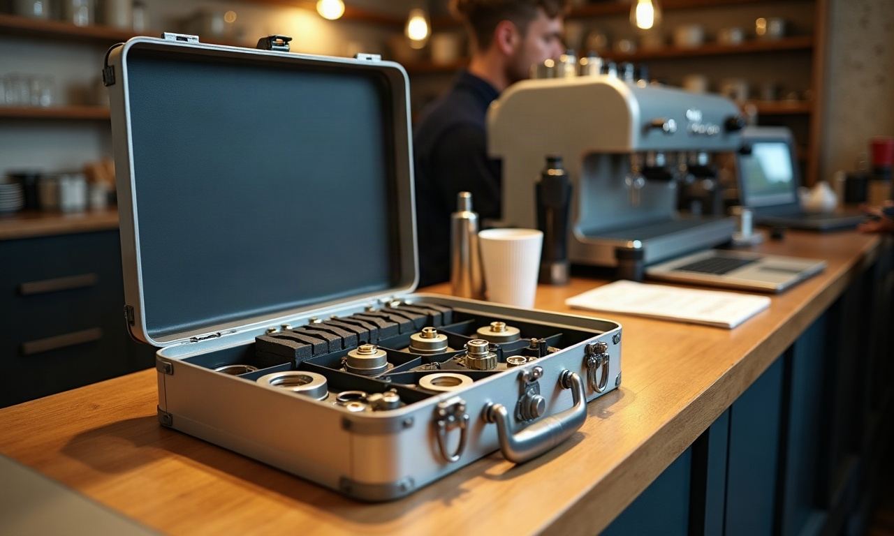 Open aluminum toolbox with organized gaskets and brass fittings, espresso machine behind